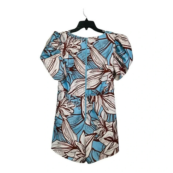 Floral Puff Sleeve Romper Blue Brown Boho Chic Cottagecore Women Size Large - Picture 3 of 6